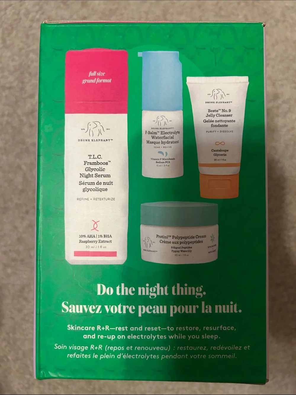 Brand new unopened Drunk Elephant Saving Face skincare set